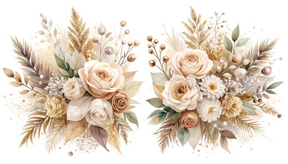 Two floral arrangements, creamy beige, roses, wheat, and berries