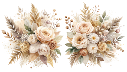 Two floral arrangements, creamy beige, roses, wheat, and berries