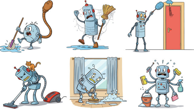 Funny Robot Cleaners Making Mess Vector Set, Cartoon Housekeeping and Automation Illustration.