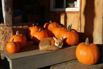 Sleeping red fox with autumn pumpkins on rustic wooden steps