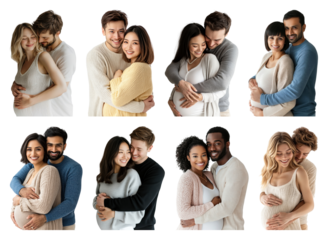 PNG Diverse couples embracing pregnancy joy, element set on transparent background