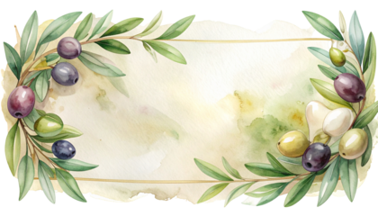Watercolor frame with olive branches and olives, centered empty space