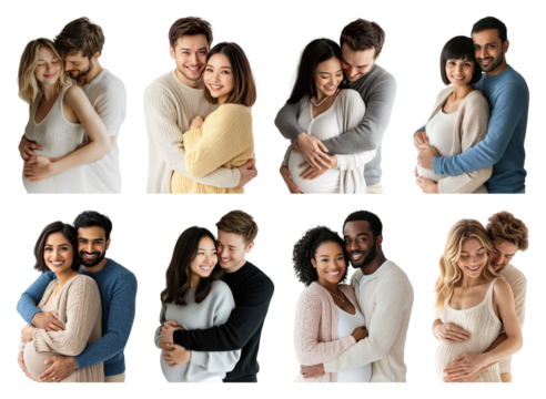 PNG Diverse couples embracing pregnancy joy, element set on transparent background