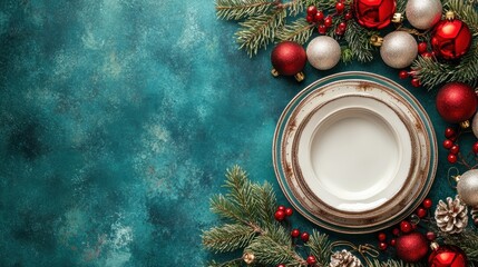 Cutlery set of plate,fork,spoon, knife,Table setting,top view,Vector hand drawn illustrations type of christmas dinner table,isolated illustration on white background,holiday greeting design.