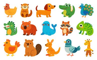 Obraz premium PNG Colorful cartoon animal illustrations, element set on transparent background