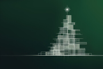 Christmas tree in a minimalistic architectural style, consisting of white lines imitating the plan or frame of building. Dark green background with gradient and copy space