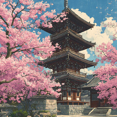Japanese Pagoda Surrounded by Cherry Blossoms in Spring