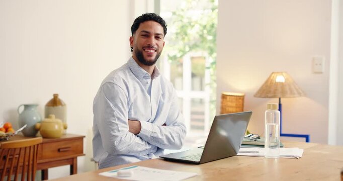 Face, remote work and happy man with laptop in home office, confidence or financial advisor. Portrait, smile and freelance consultant with computer for investment, arms crossed and pride in Oman