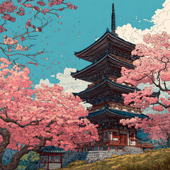 Japanese Pagoda Surrounded by Cherry Blossoms in Spring