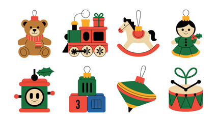 Festive Ornaments: A charming array of Christmas ornaments, each a miniature masterpiece. Featuring a teddy bear, a train, a rocking horse, a doll, a robot, blocks, a spinning top, and a drum.
