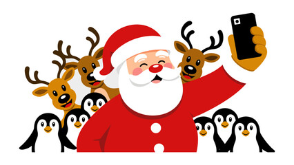 Holiday Selfie with Santa: Santa Claus gleefully captures a selfie with a charming ensemble of penguins and reindeer, embodying the joyful spirit of the festive season.