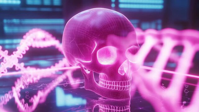 Futuristic pink holographic skull glowing in neon light, symbolizing artificial intelligence, science, and technology, representing anatomy, innovation, and virtual design in modern cyber concept