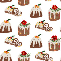 pattern of festive Christmas desserts, including pudding, cake, and roll with berries, lemon, and poinsettia. A flat colored texture for festive menus, pastry decorations, gift labels, seasonal decor.