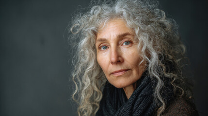Pensive Mature Woman with Striking Curly Gray Hair Portrait