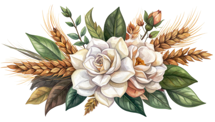 Watercolor bouquet of white roses, wheat, leaves, and soft peach accents