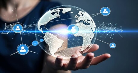 A person holding a digital globe with network connections, representing global communication and technology - Powered by Adobe