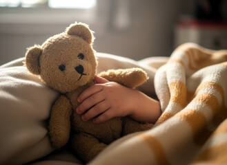 - Child cuddling teddy bear in bed