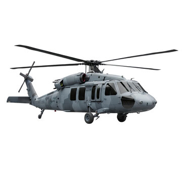Gray Military Helicopter Isolated on Transparent Background with Detailed Camouflage Pattern and Rotor Blades