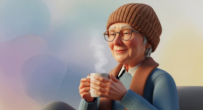 Serene Senior Woman Enjoying a Hot Beverage in Contemplative Stillness
