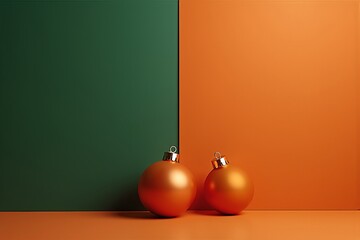 Two golden Christmas ornaments rest on orange surface against green and orange split wall, festive minimalism.