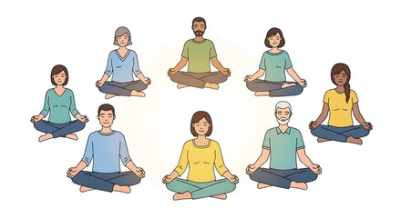Multicultural group practicing mindful meditation in a serene circle, fostering inner peace, unity, and holistic well-being