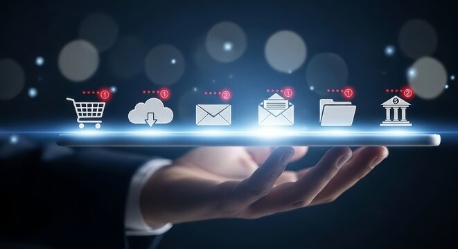 Hand holding tablet with shopping cart cloud mail folder and bank icons displayed on screen