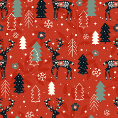 Winter scandinavian red pattern. Seamless background with deers, Christmas trees, snowflakes, herbs. Celebration design for paper, cover, fabric, interior decor.
