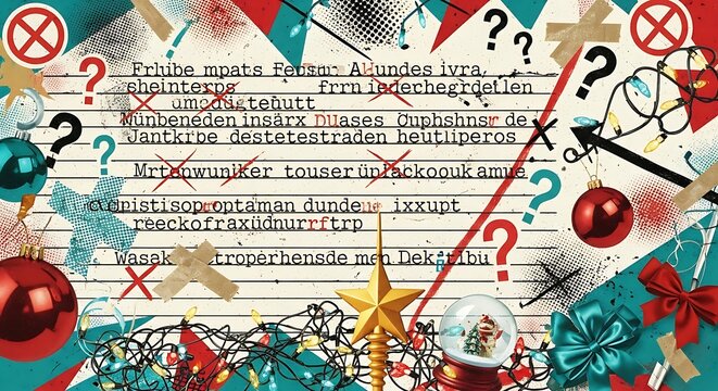 Abstract collage with christmas elements like baubles, stars, and ribbons, overlaid with handwritten text, question marks, and cross marks, suggesting a creative process or planning