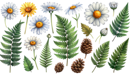 Floral and foliage arrangement with daisies, ferns, pine cones, and buds on black