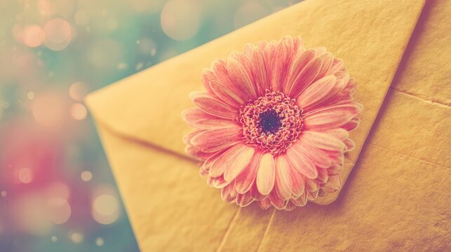 Pink Flower On Vintage Gold Envelope