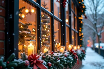 Christmas window adorned with festive lights, pine garlands, candles, and ornaments against snowy winter backdrop.