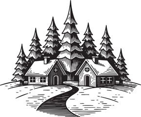 Naklejka premium Vintage vector engraving illustration of snowy winter landscape with forest, pine trees and cottage isolated on transparent background, detailed monochrome Christmas holiday scene artwork design