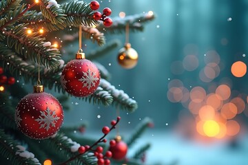 Snow-dusted pine branch adorned with red snowflake ornaments, glowing bokeh lights in festive winter scene.