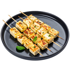 Assortment of gourmet cheese cubes and garnishes on skewers, elegantly presented on a dark plate, isolated on white background