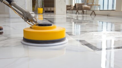 Fototapeta premium Professional floor polishing machine restoring marble shine in a luxurious modern interior space