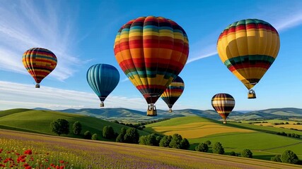 Experience the thrill of hot air ballooning over vibrant flower fields and rolling hills in this breathtaking adventure video