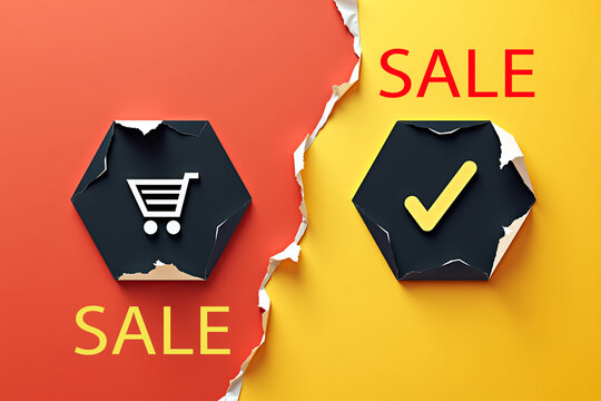 Two hexagonal shopping cart icons peek through torn paper, vibrant red and yellow background. Modern digital design aesthetic. - Powered by Adobe