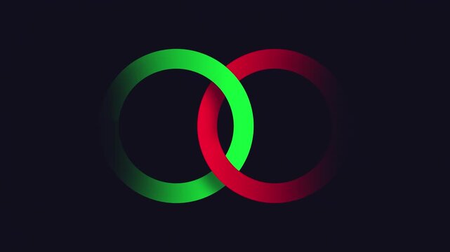 two interlocking rings, one in shades of green and the other in shades of red. motion background