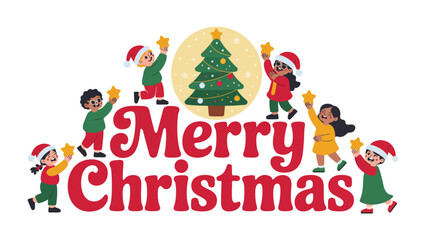 Christmas joy: A vibrant illustration of children adorning a Christmas tree, symbolizing the festive spirit of the season.