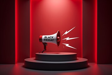 Black Friday megaphone on red stage, lightning bolts burst outvibrant sale promotion scene. Modern minimal design.