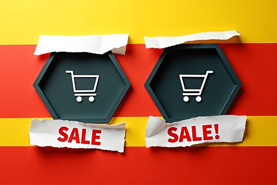 Two torn paper holes reveal shopping cart icons and "SALE!" signs on vibrant red-yellow background.