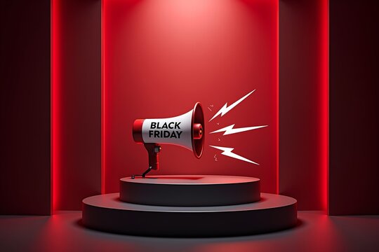 Black Friday megaphone on red stage, lightning bolts burst outvibrant sale promotion scene. Modern minimal design.