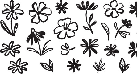 Floral Doodle Set in Black and White | Hand-Drawn Flower Illustrations for Botanical Designs, Patterns and Spring-Themed Creative Projects
