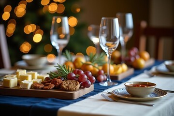 Cozy dinner table with cheese board, grapes, wine glasses, and warm bokeh lights in background. Festive, inviting atmosphere.