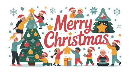 Christmas Cheer: A heartwarming scene unfolds as children decorate a festive Christmas tree, filled with laughter and holiday spirit, creating a merry atmosphere.