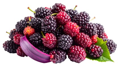 A pile of ripe berries with vibrant purple and red hues, plus a leaf