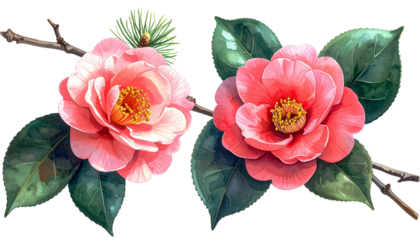 Two vibrant pink camellias bloom on a branch with dark green leaves