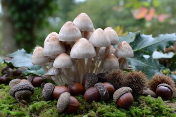 Autumn forest floor with wild mushrooms, acorns, and chestnut burrs on moss