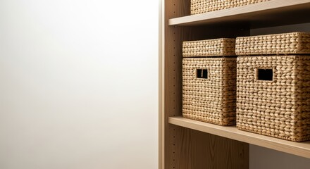 Fototapeta premium Woven storage baskets neatly arranged on wooden shelf indoors 
