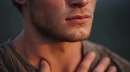 Close up of a man sweating heavily hand on throat illuminated by warm dawn light